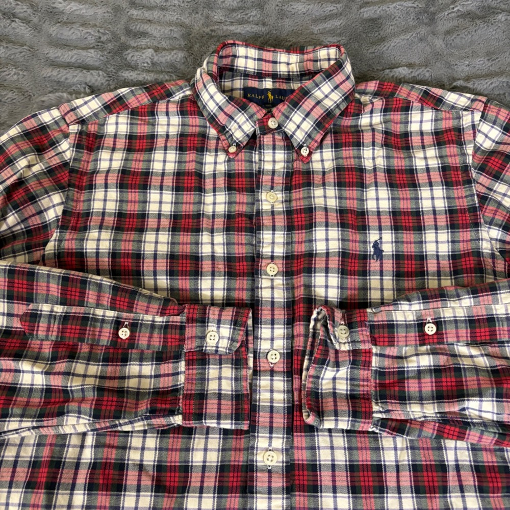 Ralph Lauren Custom Fit Plaid Button Down Shirt Mens Medium Red White Blue AR702